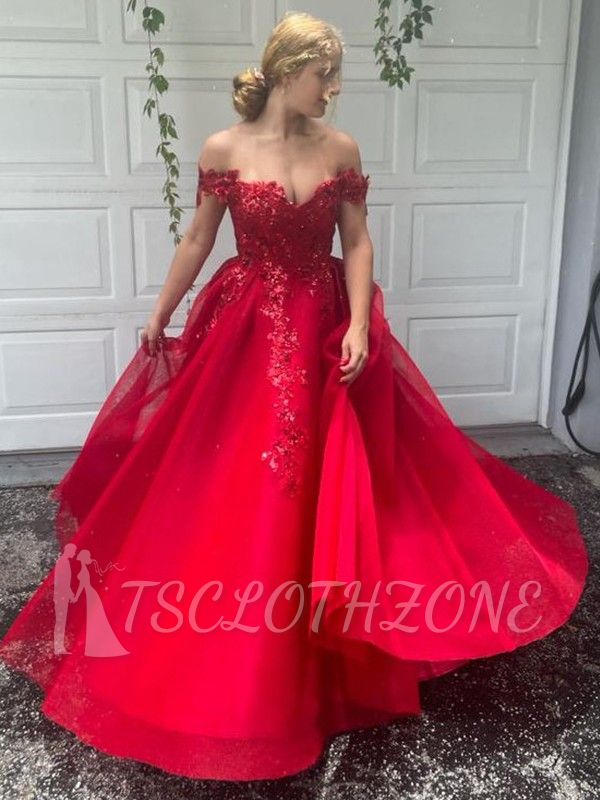Off the shoulder burgundy sweetheart lace prom dress