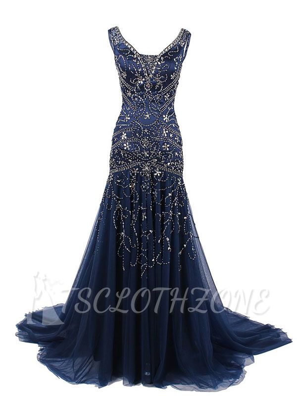 Gorgeous Mermaid Navy Blue Prom Dress Silver Beading Crystals 2022 Evening Gowns
