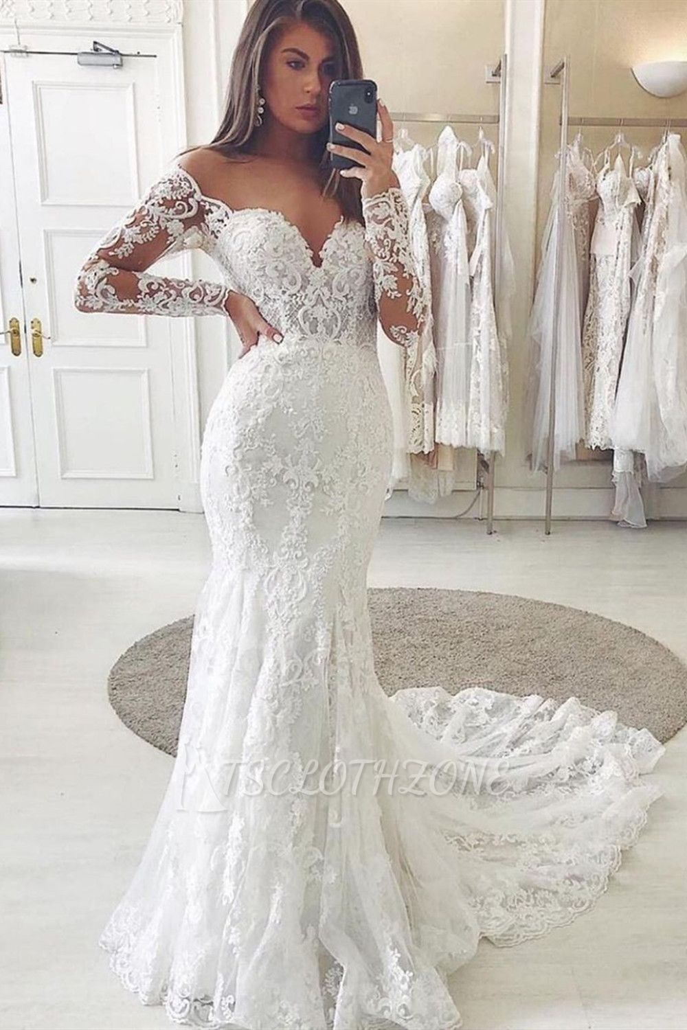 Charming Lace Appliques Mermaid Wedding Gown Long Sleeve Sweetheart Bridal Dress