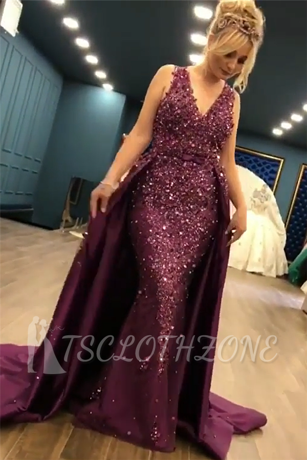 2022 Luxuriöse ärmellose Meerjungfrauen-lange Ballkleider | V-Ausschnitt Overskirt Applikationen Fashion Abendkleid