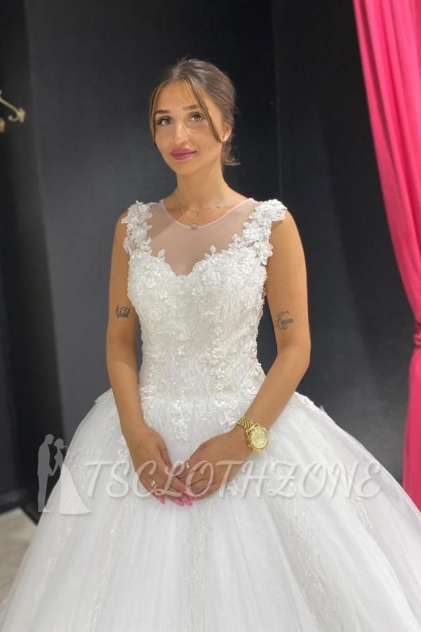Weiß/Elfenbein Ärmellos Juwel Perlen Perlenstickerei Brautkleid mit 3D Blumenapplikationen