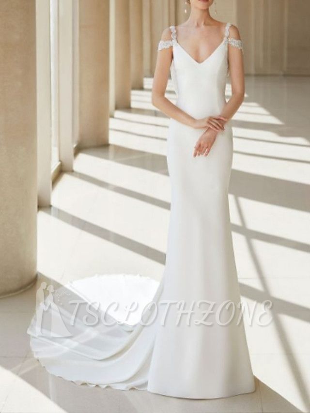 A-Line Wedding Dress V-neck Chiffon Lace Regular Straps Bridal Gowns Formal Plus Size with Court Train