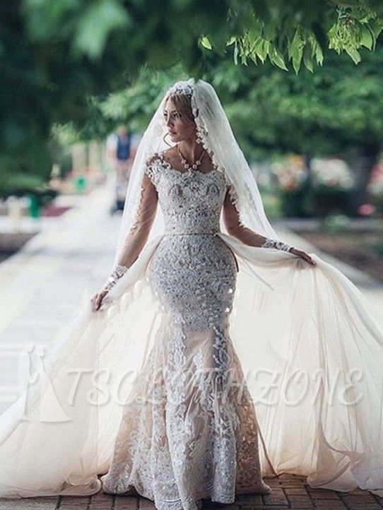 Glamorous Mermaid Long Sleeves Lace Wedding Dresses | Scoop Appliques Detachable Skirt Bridal Gowns