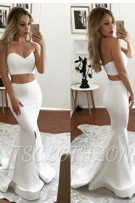 White Two Piece Formal Evening Dresses   Mermaid Sweetheart Sleeveless Front Slit  Prom Dress