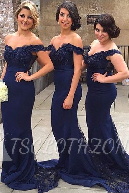 Elegant Blue Off the Shoulder Lace Wedding Party Dress Mermaid Sweep Train Bridesmaid Dresses