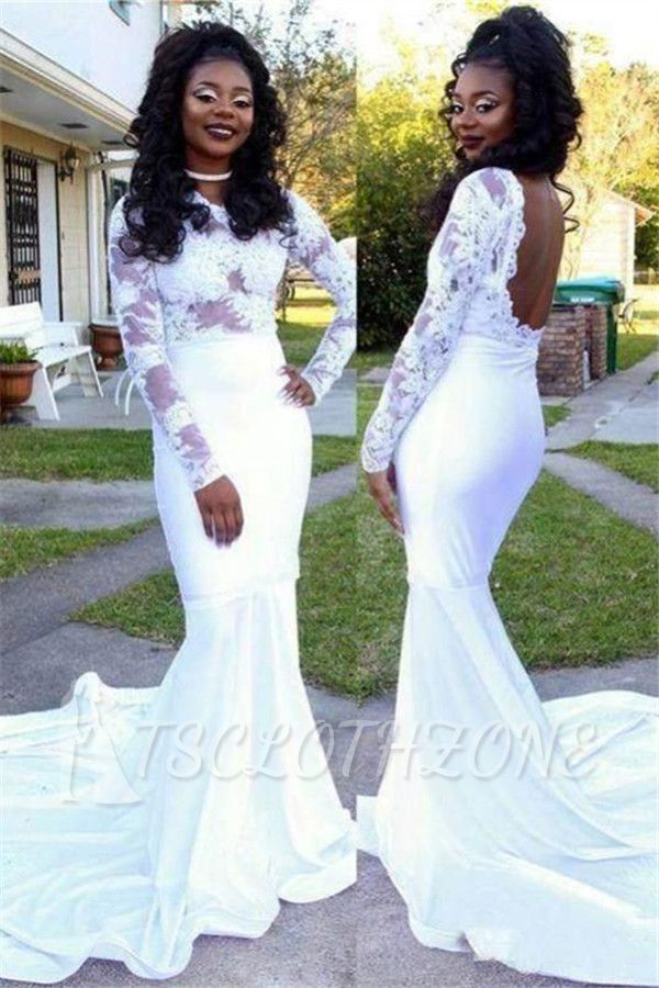 Sexy Backless Long Sleeve White Prom Dresses | Mermaid Lace Appliques Evening Gowns with Court Train