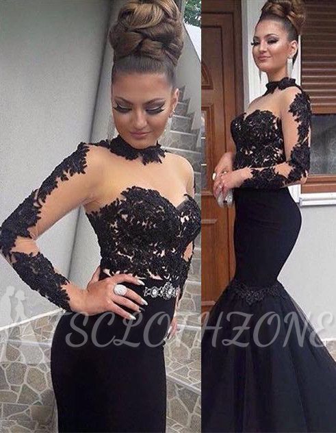 Gorgeous Black Lace Prom Dress Long Sleeve Mermaid Long Party Dress