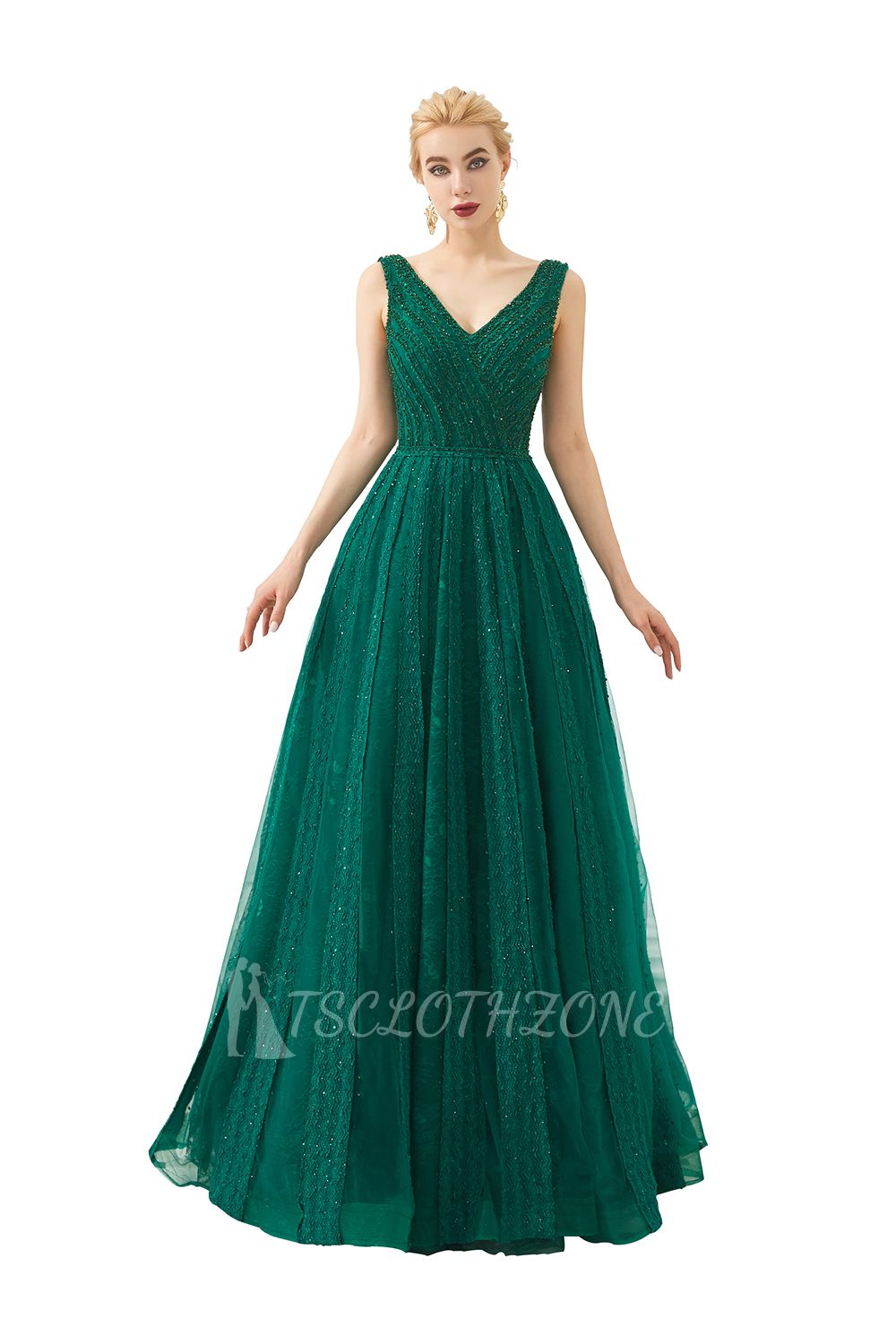 Harriet | Glänzendes Smaragdgrün Sexy Abendkleid mit V-Ausschnitt und Princess-Linie und tiefem Rücken und Falten