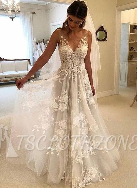 Elegante Brautkleider mit Spitze | Hochzeitskleider Lang V Ausschnitt