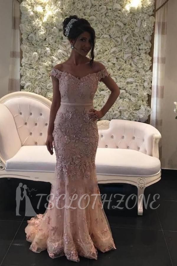 Pink Card-Shoulder Floor-Length Lace Evening Dress | Glitter prom dresses