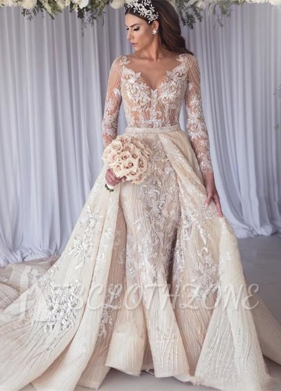Sexy Long Sleeve Lace Mermaid Overskirt Wedding Dress Bridal Gowns
