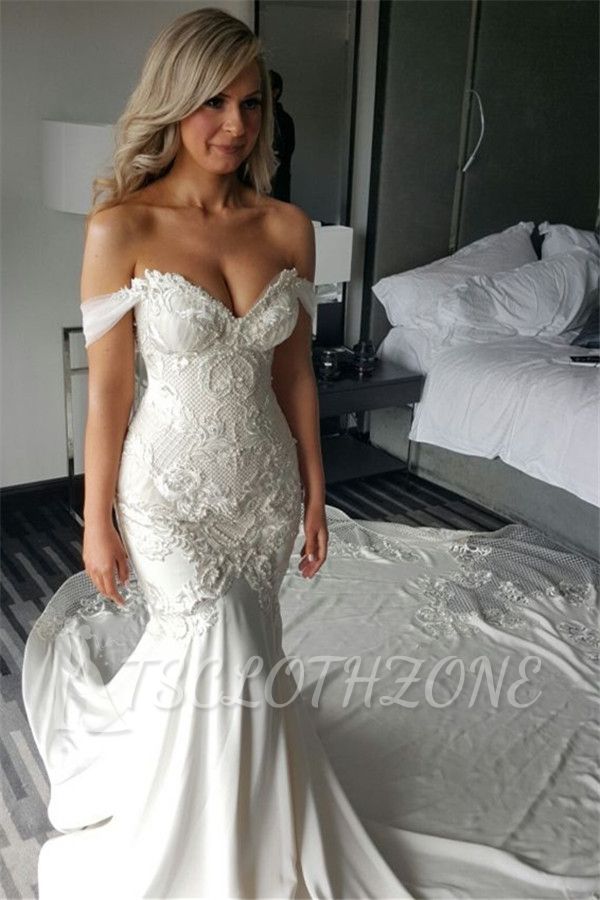 Delicate Lace-Appliques Mermaid Off-the-shoulder Train Wedding Dress 2022