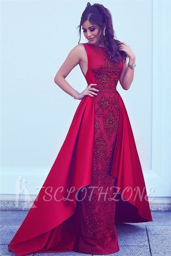 Beads Sequins Popular Sexy Evening Gowns Overskirt Red Sleeveless  Formal Evening Dresses