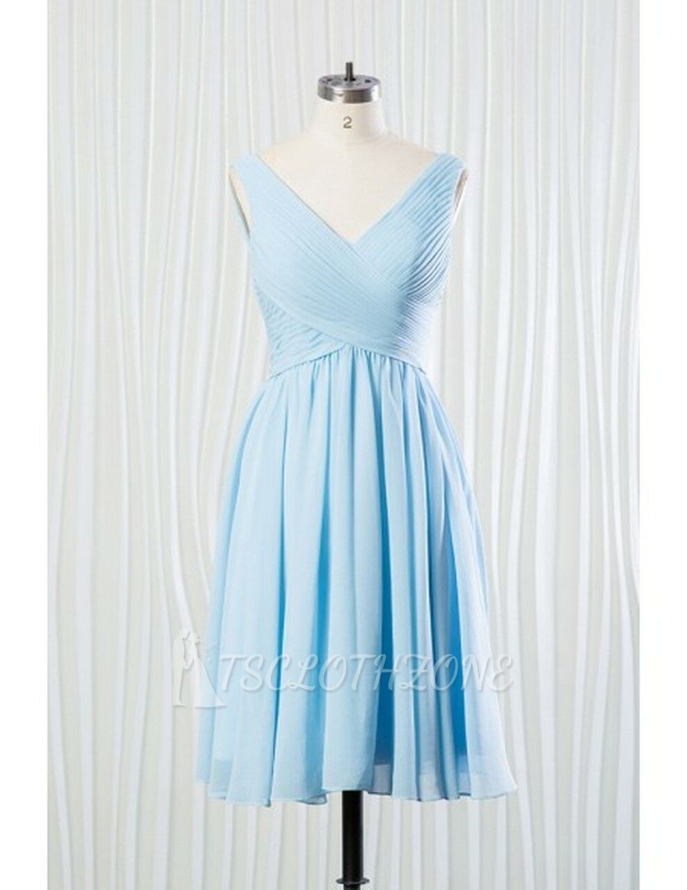 V-neck Sky Blue Short Chiffon Bridesmaid Dress