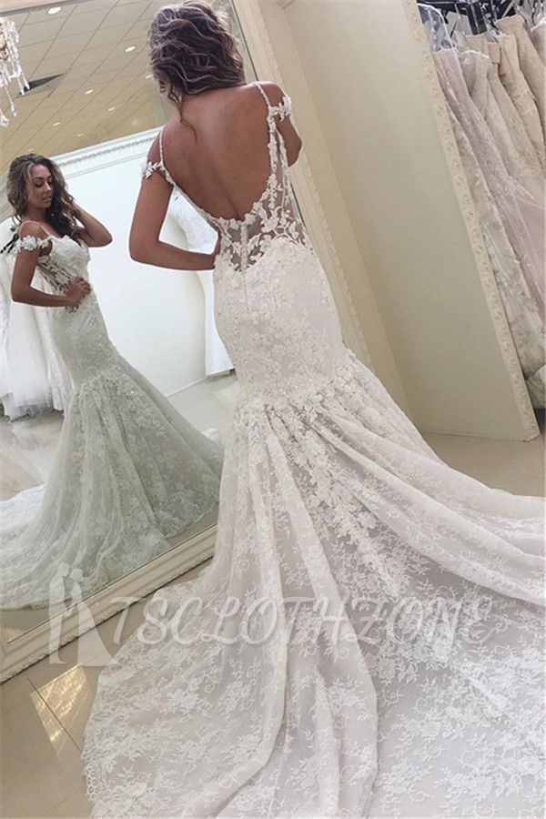 2022 Modern Lace Mermaid Wedding Dress | Off-the-shoulder Open Back Bridal Gowns