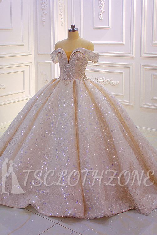 Off the shoulder Champange Puffy ball Gown Sparkle Wedding Dress