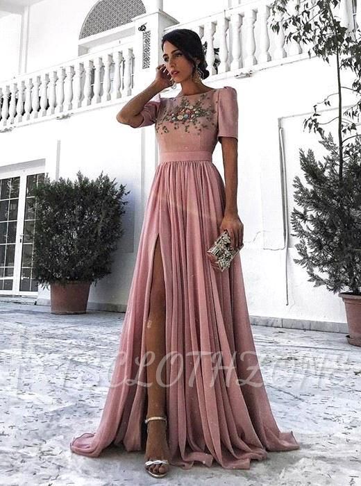 A-line Short Sleeves Lace Appliques Sexy Evening Gowns | Side Slit Ruffles Prom Dress