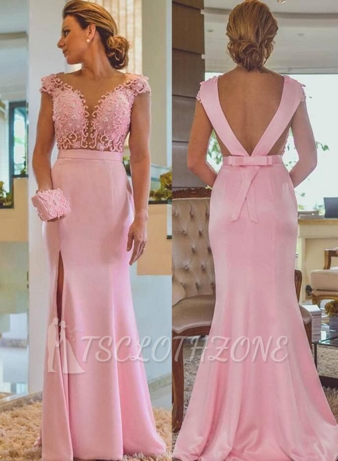 Pink Column Lace Evening Dresses | Cap Sleeves Open Back Side Slit Formal Dress