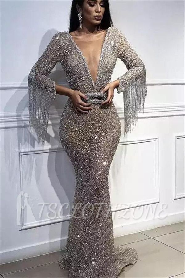 Luxury Deep V-Neck Mermaid Evening Dresses | 2022 Long Sleeves Sequins Crystal Prom Dresses with Tassels