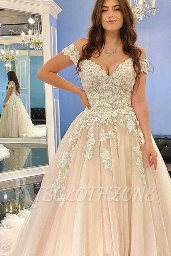 Glamorous Off Shoulder 3D Floral Lace Wedding Tulle Aline Bridal Dress