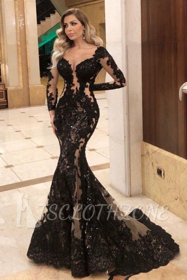 Sexy schwarze Spitze Meerjungfrau Abendkleid Langarm Pailletten Abendkleid