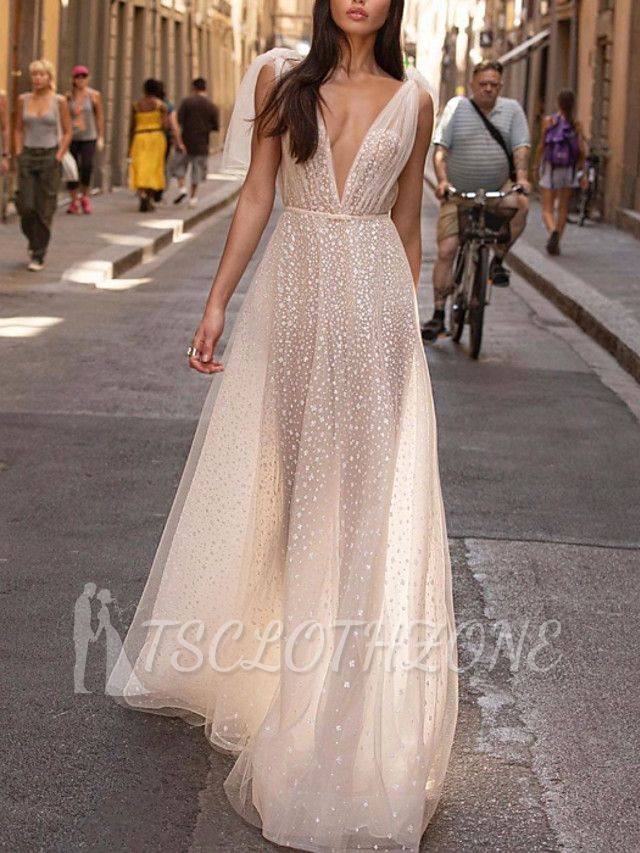 Beach A-Line Wedding Dress V-neck Tulle Sleeveless Sexy See-Through Bridal Gowns