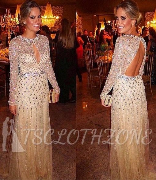 Crystal Long Sleeve Tulle Party Gowns Latest Beading Open Back 2022 Evening Dresses