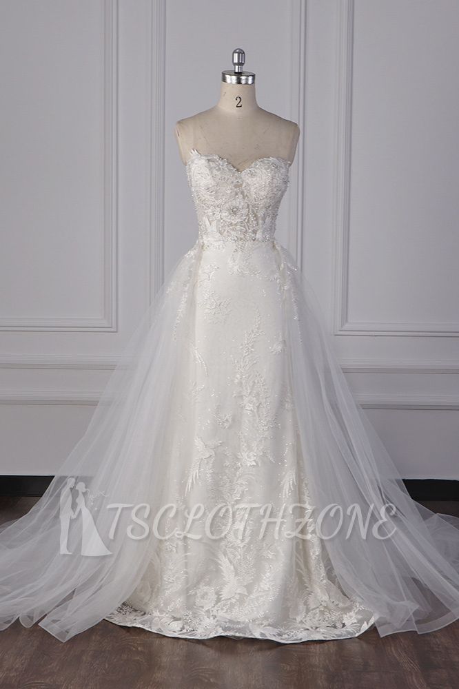 TsClothzone Stylish Strapless Tulle Lace Wedding Dress Sweetheart Appliques Bridal Gowns with Overskirt On Sale