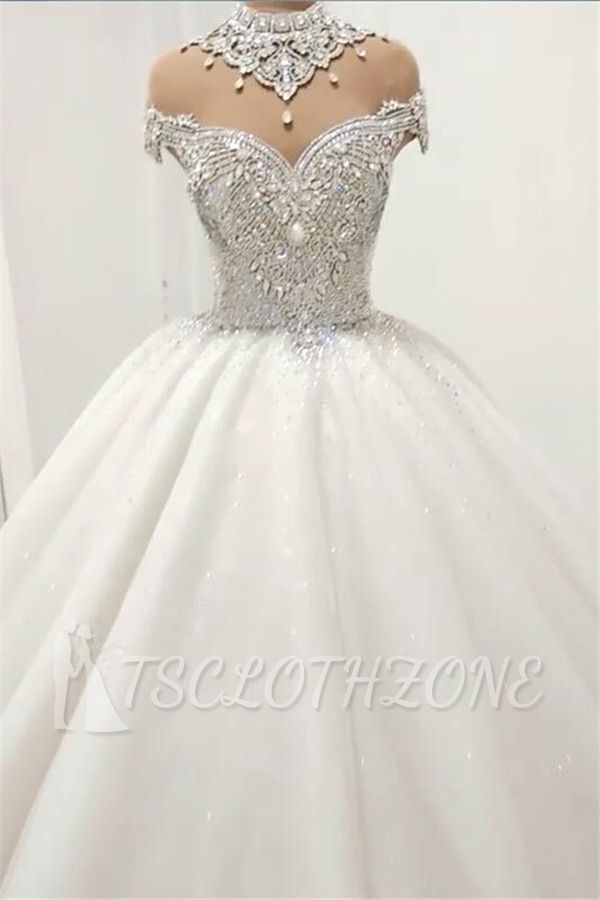 Glamorous High Neck Crystal Wedding Dresses | 2022 Short Sleeves Sheer Tulle Bridal Ball Gown