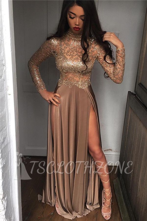 High Neck Champagne Gold Sexy Evening Dress Splits Long Sleeve Illusion Prom Dress 2022