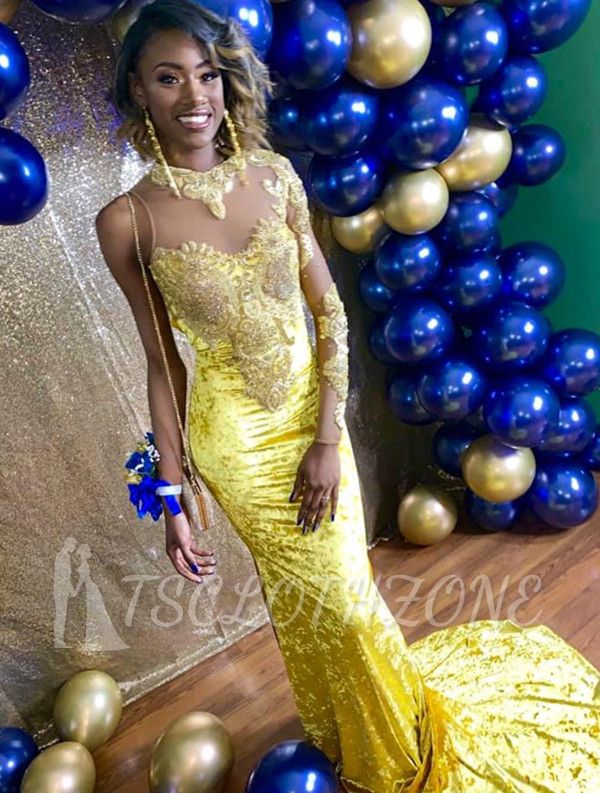 Asymmetric High Collar Applique Bright Yellow Mermaid Prom Gown