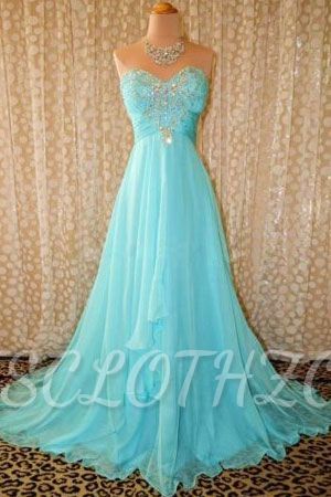 Sweetheart Blue Crystal Long Prom Gowns with Beadings Ruffles Sweep Train Formal Party Dress