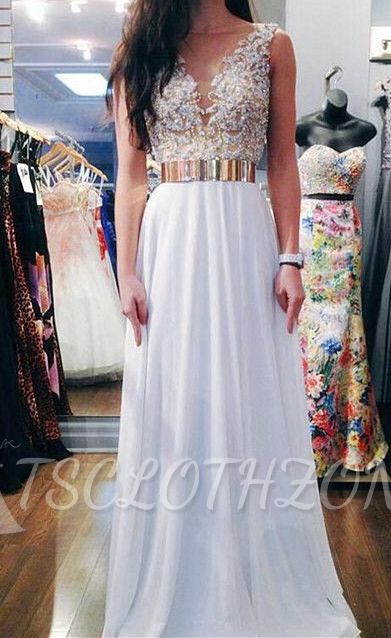 V-Neck Formal White Chiffon Long Applique Prom Dresses Affordable Custom Floor Length Belt Dresses for Juniors