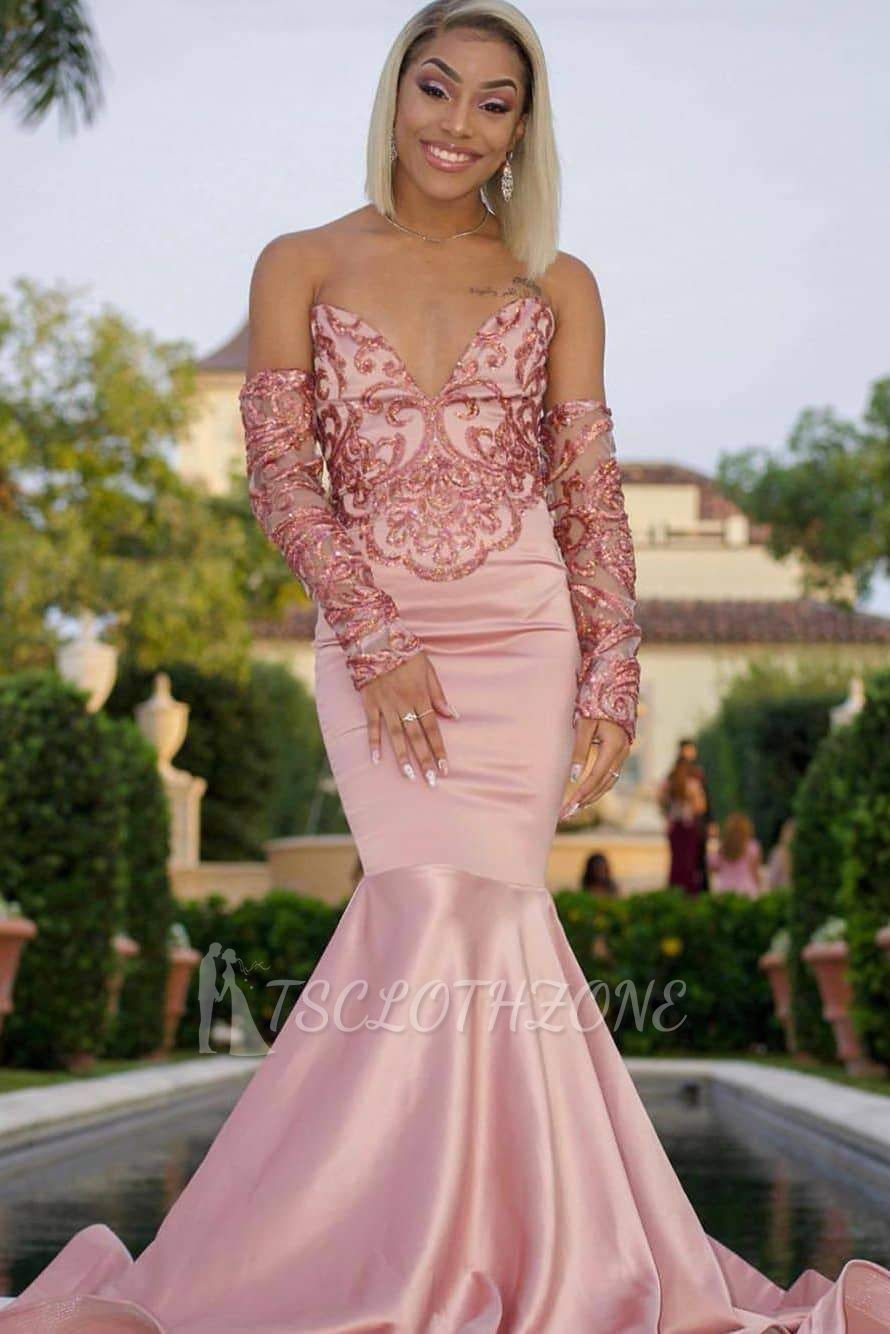 Sexy V-Ausschnitt trägerlose Perlen Pink Mermaid Prom Kleider mit Ärmeln