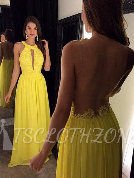 New Arrival A-Line Yellow Prom Dress Chiffon Floor Length Lace Evening Gowns