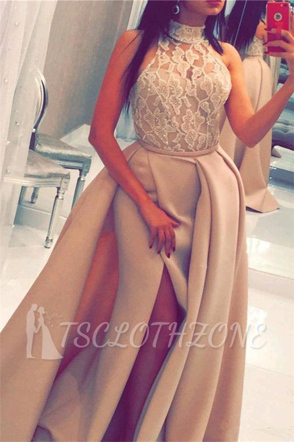 High Neck Floral Lace Sexy Evening Gown Sleeveless Overskirt Front Slit Prom Dress
