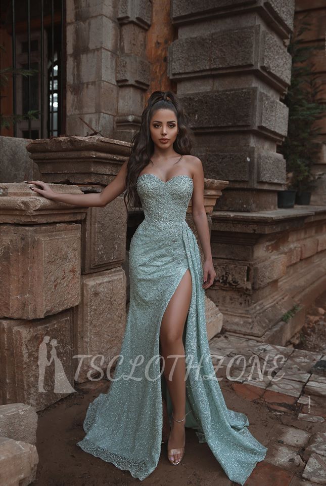Beautiful Shining Crystal Sweetheart Sleeveless Prom Dresses With Split | A Line Evening Gowns