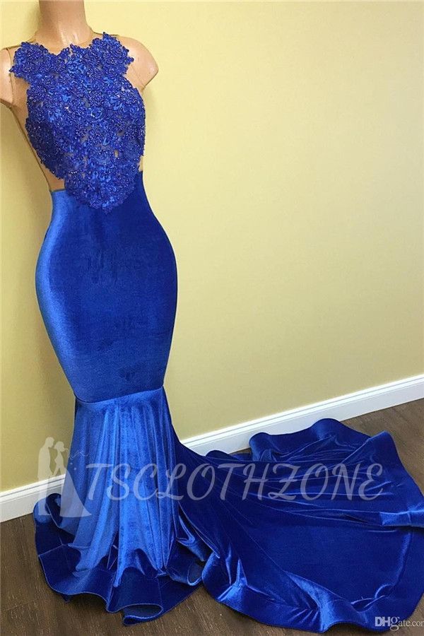New Arrival Mermaid Royal Blue Velvet Prom Dress 2022 Cheap Lace Evening Gown