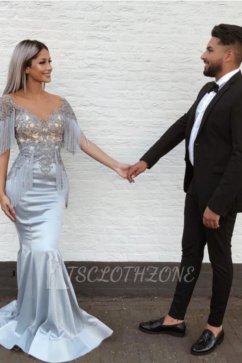 Mermaid Lace Appliques Tassels Prom Dresses Cheap | Short Sleeves Sexy V-neck Evening Gown 2022