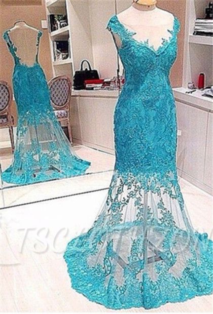 Elegant Mermaid Lace Prom Gowns 2022 V-Neck Sweep Train Backless Evening Dresses