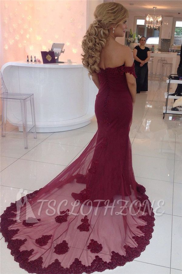 Off Shoulder Mermaid Lace Prom Dresses Cheap 2022 Burgundy Elegant Evening Gown