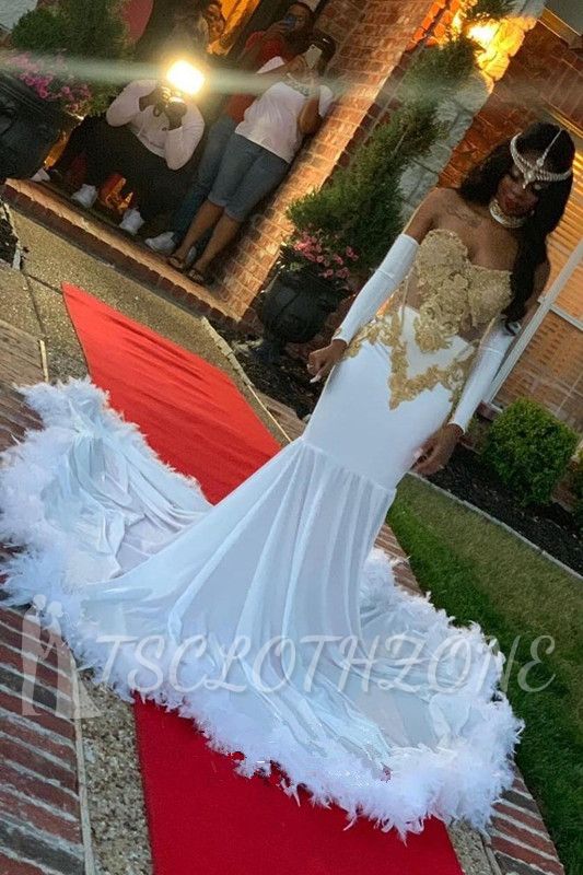 Charming Ruffles Feather Gold Appliques Prom Dress | Long Sleeve Mermaid Evening Gowns