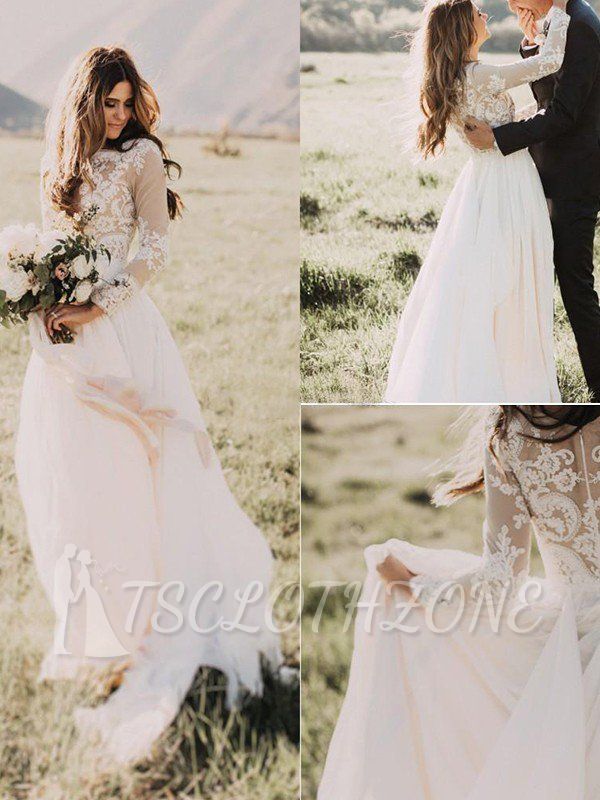 Long Sleeves Floor-Length Applique Tulle A-Line Scoop Wedding Dresses