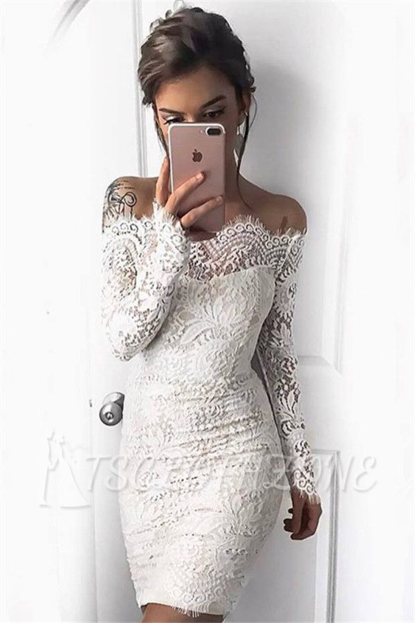 Simple White Long-Sleeve Mermaid Short Cocktail Party Dresses