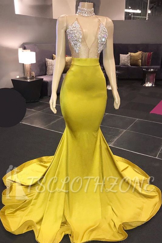 Sexy gelbe ärmellose Kristalle transparente Tüll Ballkleider 2022 | Günstige formelle Abendkleider der Meerjungfrau