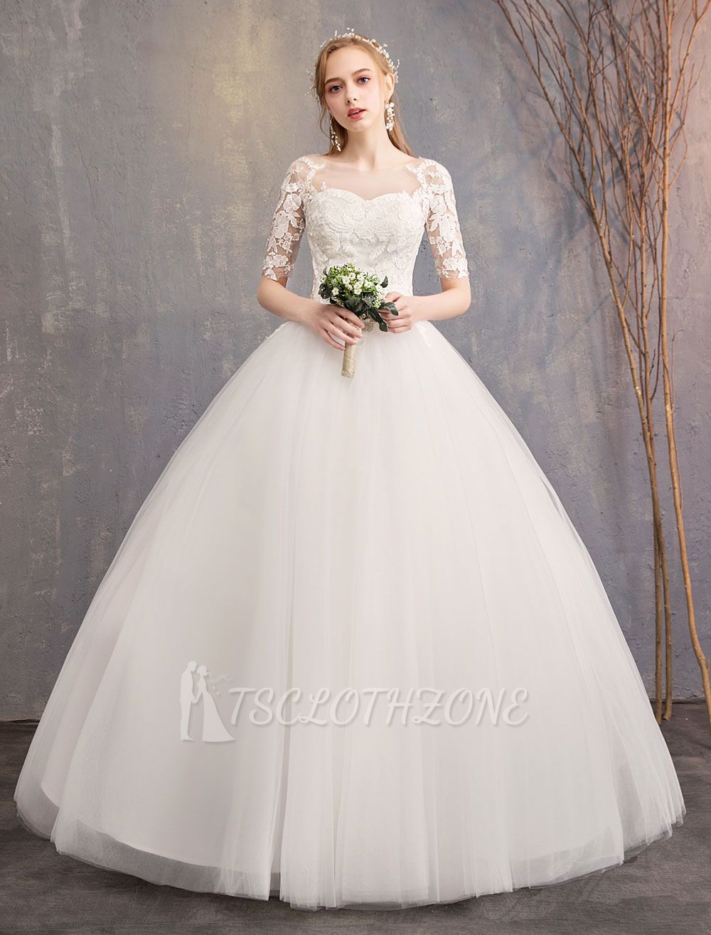 Elegante Halbarm-Spitze-Tüll-weiße Ballkleid-Hochzeits-Kleider