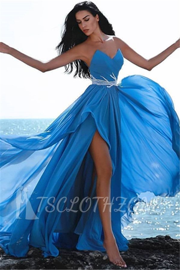 Affordable Blue Sweetheart Evening Dresses | Crystals Side Slit Prom Dress