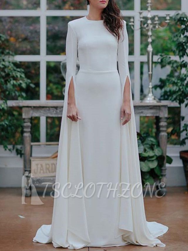 A-Line Wedding Dress Jewel Satin Long Sleeves Bridal Gowns Formal Plus Size with Sweep Train