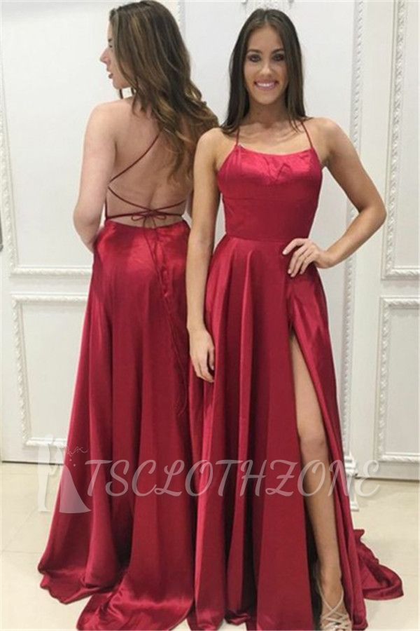 Red A-Line Halter Evening Dresses 2022 | Open Back Side Slit Formal Dresses