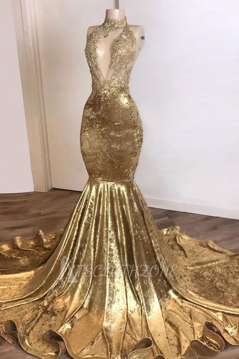 Shinning Champagne Gold Deep V-neck Court Train Mermaid Prom Dresses
